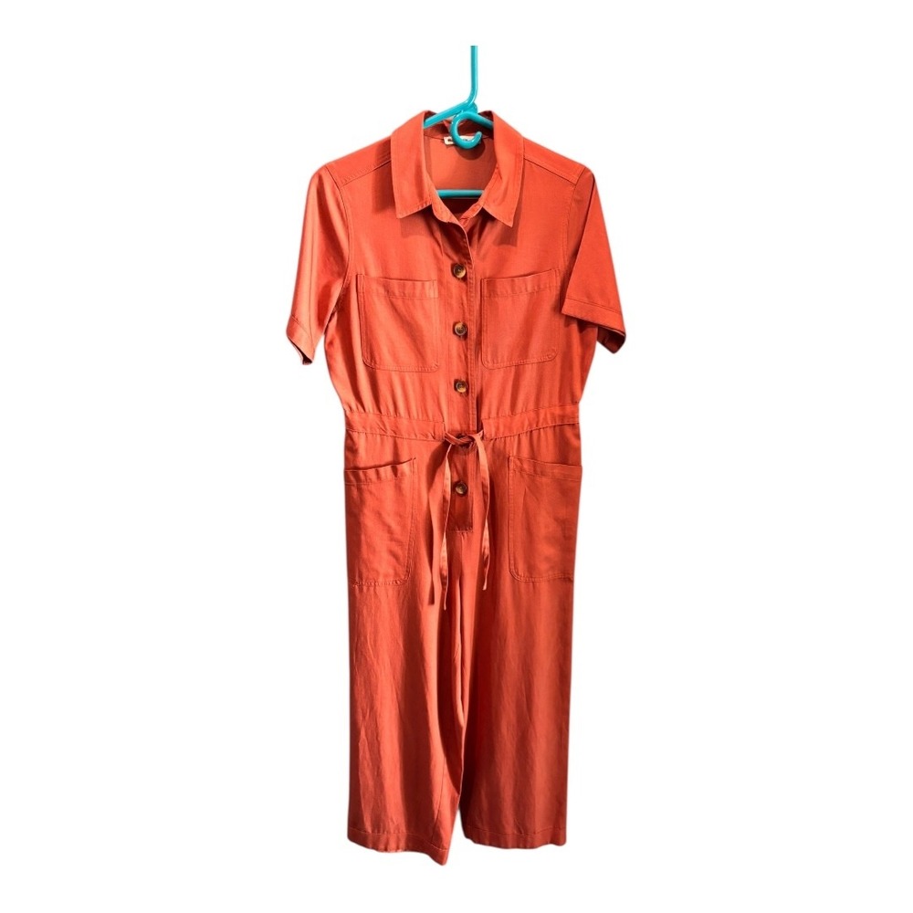 Marine Layer Short Sleeve Button Jumpsuit Wide Leg Belted Terra Cotta Medium